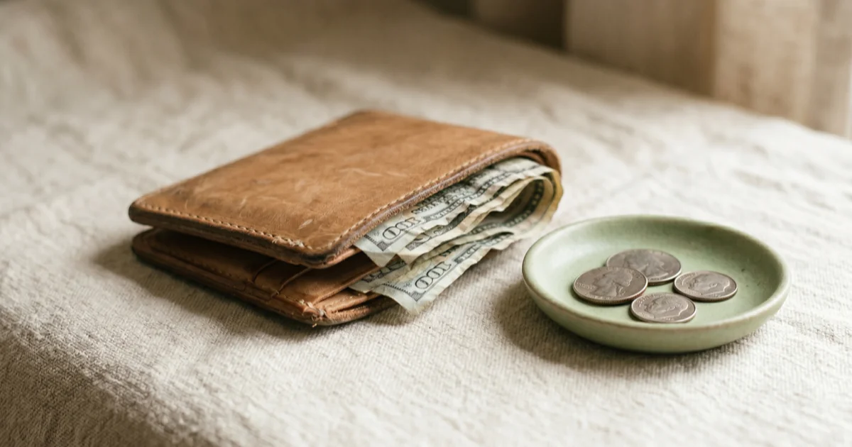 Leather bifold wallet with folded U.S. dollar bills peeking out, beside a small sage-green ceramic dish holding loose coins on a warm linen surface