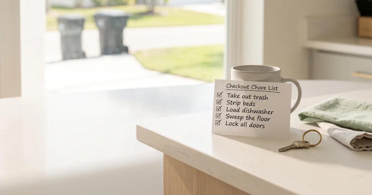 A handwritten Checkout Chore List card propped against a mug on a vacation rental kitchen counter — take out trash, strip beds, load dishwasher, sweep the floor, lock all doors — with two wheeled trash bins at the curb through the window